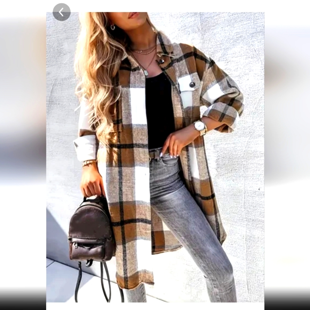 Plaid Print Long Jacket, Casual Button Front Flap Pockets Outwear